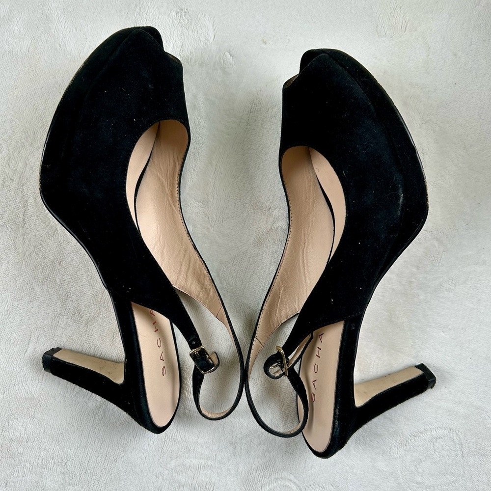 Sacha London Black Suede Peep Toe Sling Back Pumps Heels Size 8.5